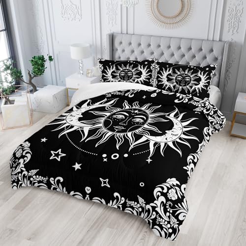 Tuzaovy Boho Queen Comforter Set for Girls - Bohemian Gothic Western Hippie Bedding Decor - Black and White Sun and Moon Design - Image 2