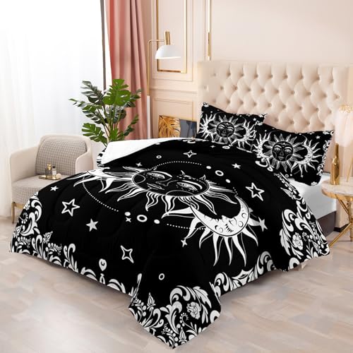 Tuzaovy Boho Queen Comforter Set for Girls - Bohemian Gothic Western Hippie Bedding Decor - Black and White Sun and Moon Design - Image 4