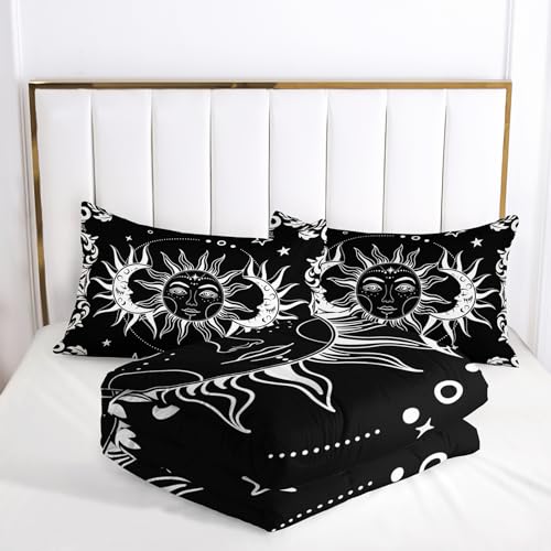 Tuzaovy Boho Queen Comforter Set for Girls - Bohemian Gothic Western Hippie Bedding Decor - Black and White Sun and Moon Design - Image 3