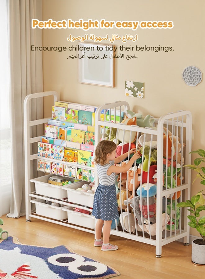 Sunbath Kids Bookshelf and Toy Storage, 3 Tier Book Shelf for Kids Rooms, Sling Baby Bookcase and 4 Toy Bins with Stuffed Animal Storage, Montessori Bookshelf with Toy Storage Organizer for Playroom, Nursery - Image 2