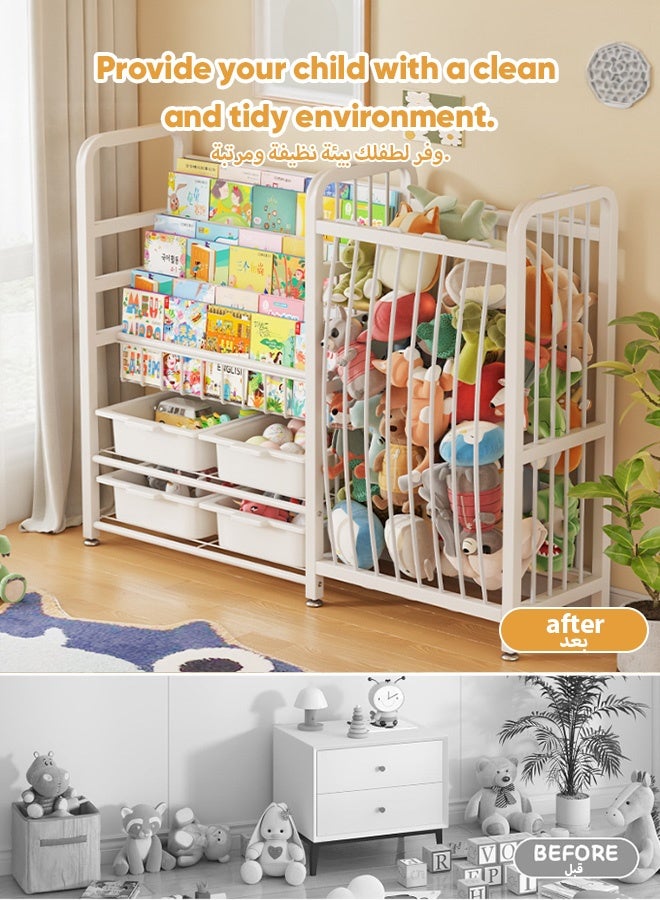 Sunbath Kids Bookshelf and Toy Storage, 3 Tier Book Shelf for Kids Rooms, Sling Baby Bookcase and 4 Toy Bins with Stuffed Animal Storage, Montessori Bookshelf with Toy Storage Organizer for Playroom, Nursery - Image 3