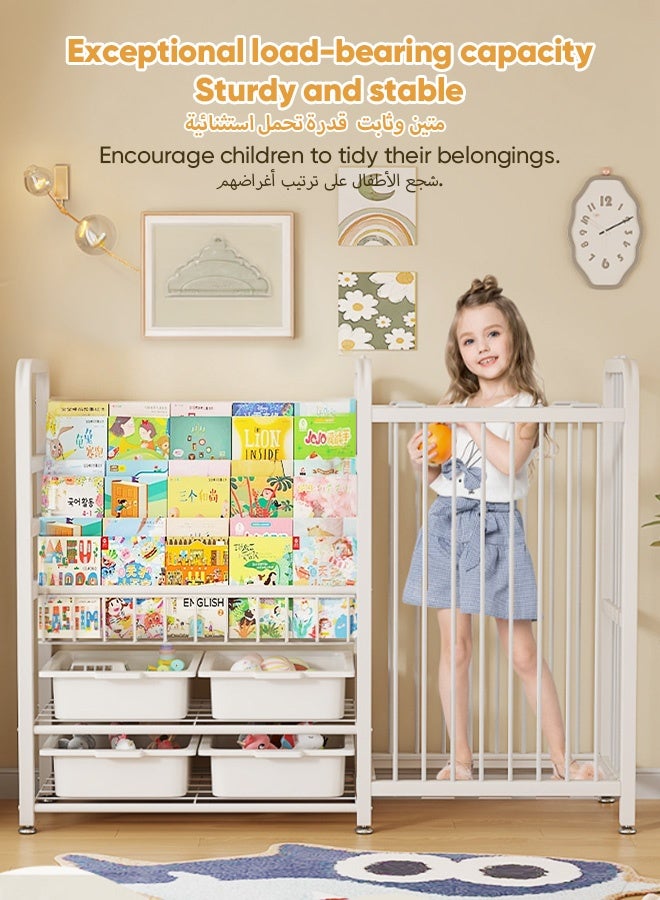 Sunbath Kids Bookshelf and Toy Storage, 3 Tier Book Shelf for Kids Rooms, Sling Baby Bookcase and 4 Toy Bins with Stuffed Animal Storage, Montessori Bookshelf with Toy Storage Organizer for Playroom, Nursery - Image 5