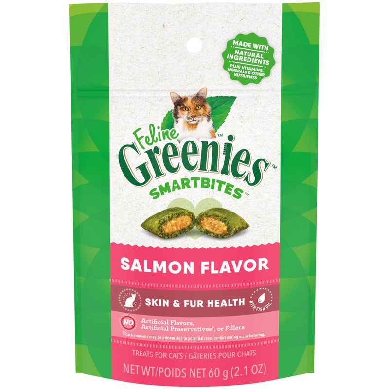 Greenies Feline Smartbites Skin & Fur Crunchy and Soft Cat Treats, Salmon Flavor, 2.1 oz. Pack - Image 1