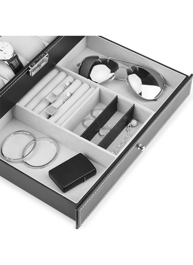 Double Layer 12PCS Jewelry Watch Bracelet Storage Box With Glass Plate Window,Black