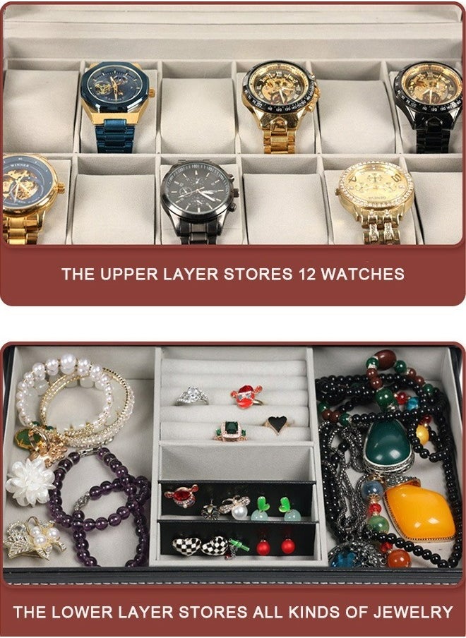 Double Layer 12PCS Jewelry Watch Bracelet Storage Box With Glass Plate Window,Black