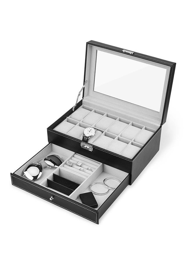 Double Layer 12PCS Jewelry Watch Bracelet Storage Box With Glass Plate Window,Black