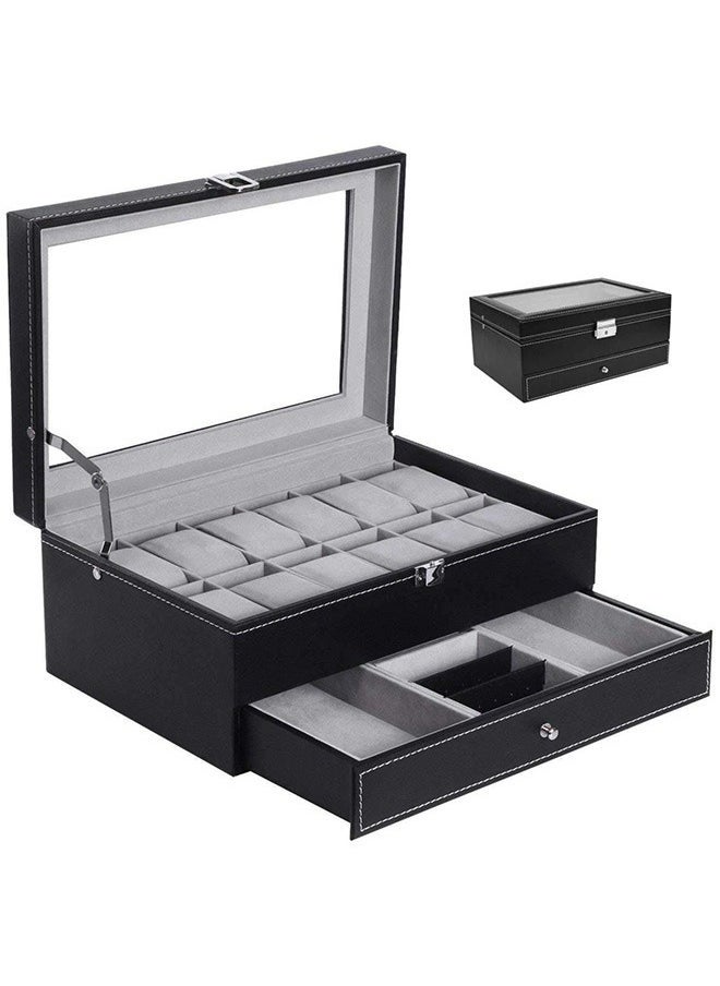Double Layer 12PCS Jewelry Watch Bracelet Storage Box With Glass Plate Window,Black