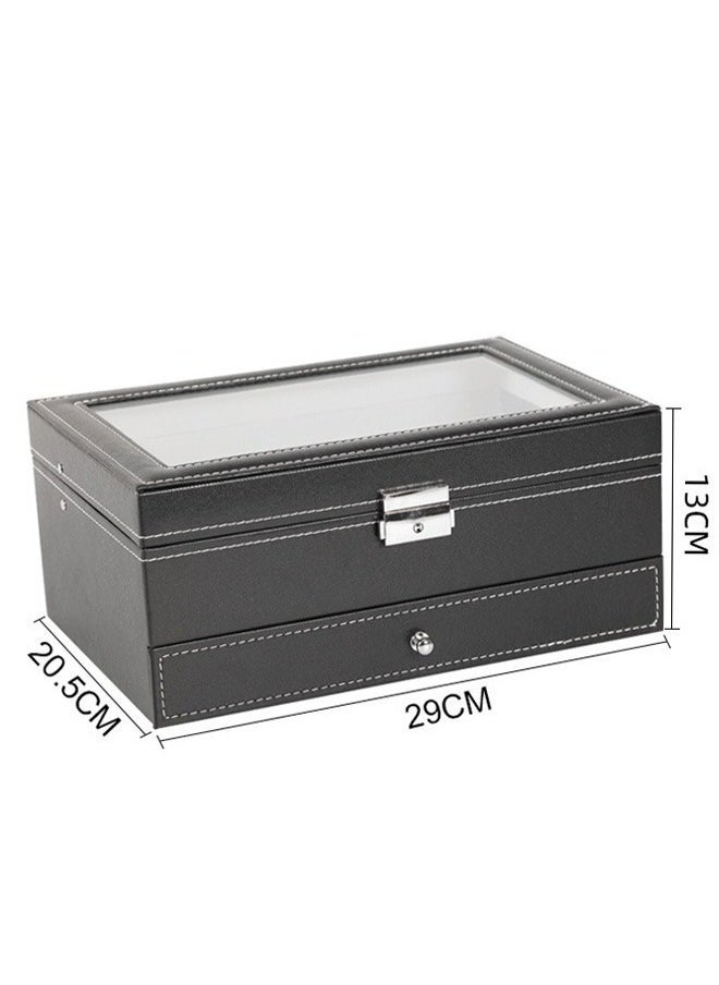 Double Layer 12PCS Jewelry Watch Bracelet Storage Box With Glass Plate Window,Black