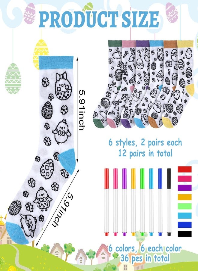 ShinyMatch 12 Pairs Doodle Socks Color Your Own Socks DIY Drawing Craft Arts with 48 Pcs Markers(Easter) - Image 4