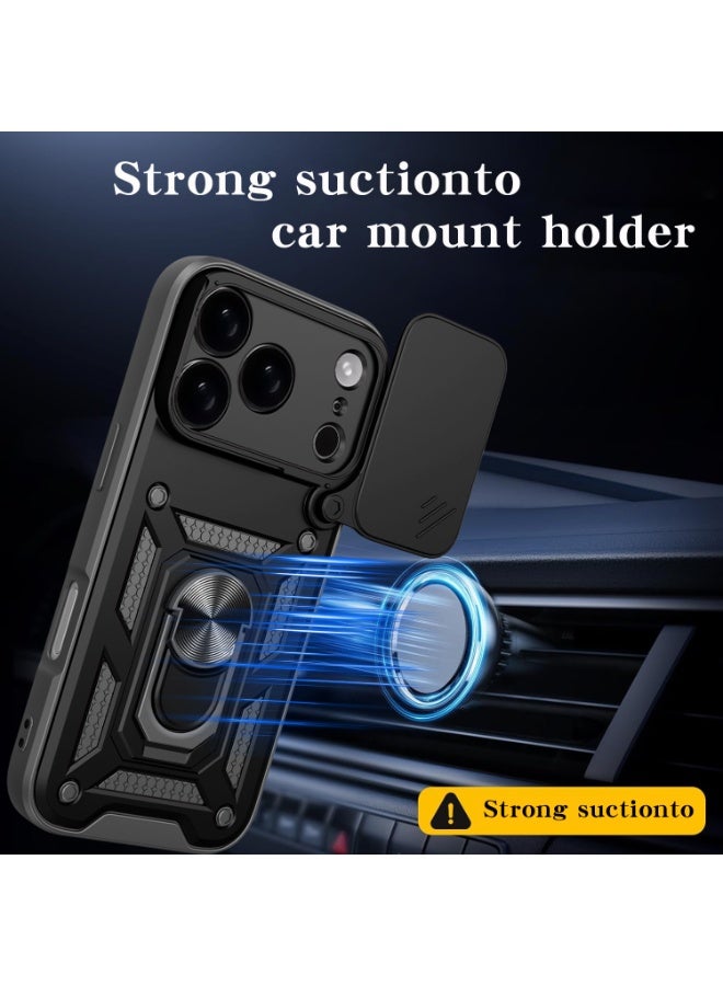 Shunjia Sliding Window Case, Shockproof Rugged Armor with Sliding Camera Cover & 360° Ring Kickstand, Compatible with Apple iPhone 17 Pro (Green) - Image 3