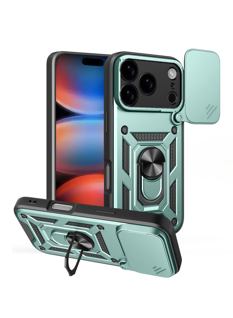 Shunjia Sliding Window Case, Shockproof Rugged Armor with Sliding Camera Cover & 360° Ring Kickstand, Compatible with Apple iPhone 17 Pro (Green) - Image 1