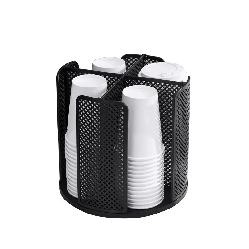 Buwico Cup and Lid Holder 360 Rotatable Coffee Cup Dispenser with 4 Compartment Black Cup and Lid Organizer for Countertop Breakroom Bathroom Coffee Station Bar Buffet Kitchen Cabinet