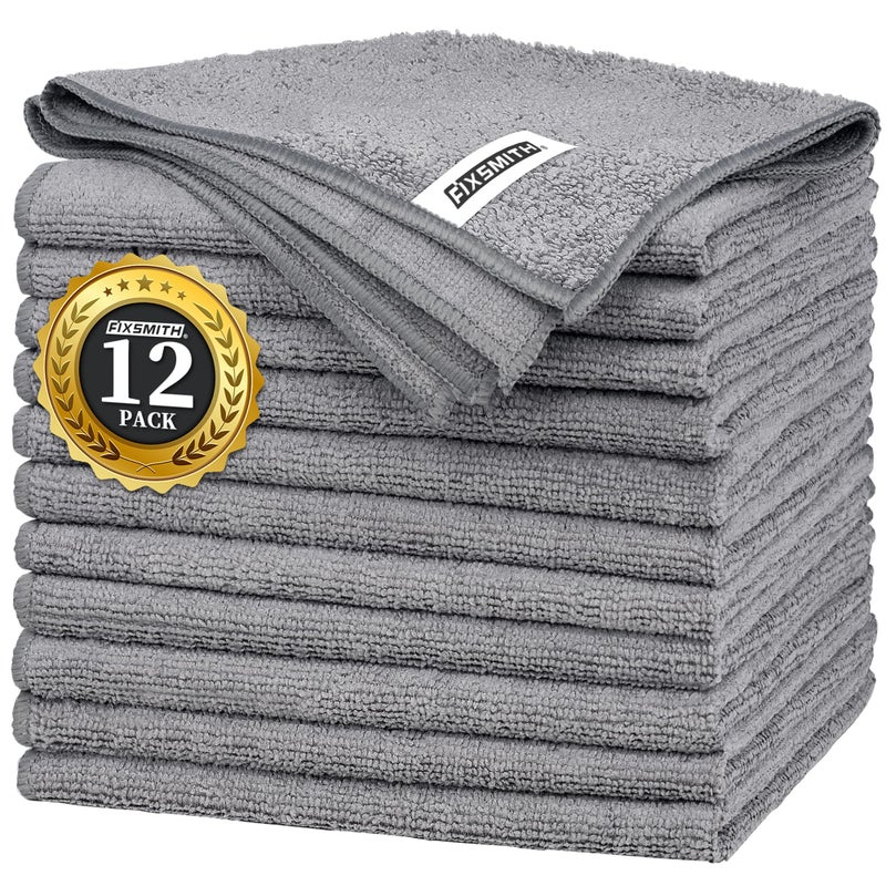 FIXSMITH Grey Microfiber Cleaning Cloth -Pack of 12, Highly Absorbent Cleaning Rags, 12"X16" All Purpose Cleaning Towels for Housekeeping, Kitchen, Car, Lint Free and Reusable Microfiber Towels - Image 1