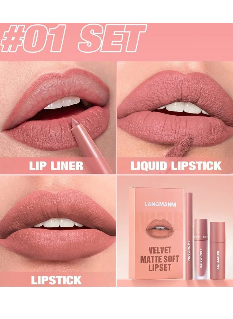 LANGMANNI 3 in 1 Matte Soft Lip Set Lip Liner Liquid Lip Gloss and Lipstick Combo Set Soft Smooth Natural Lip Contour Set Waterproof and Long Lasting Effect All in One Lip Makeup Gift Set 01 - Image 2