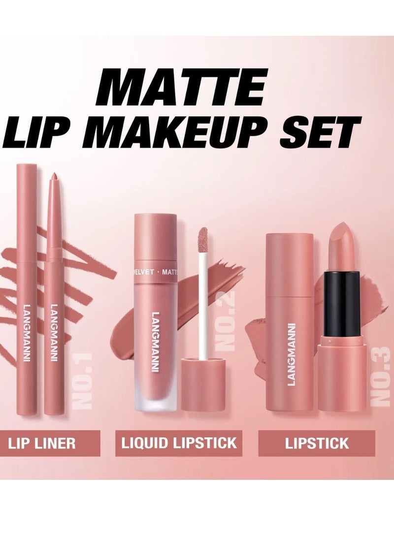 LANGMANNI 3 in 1 Matte Soft Lip Set Lip Liner Liquid Lip Gloss and Lipstick Combo Set Soft Smooth Natural Lip Contour Set Waterproof and Long Lasting Effect All in One Lip Makeup Gift Set 01 - Image 4