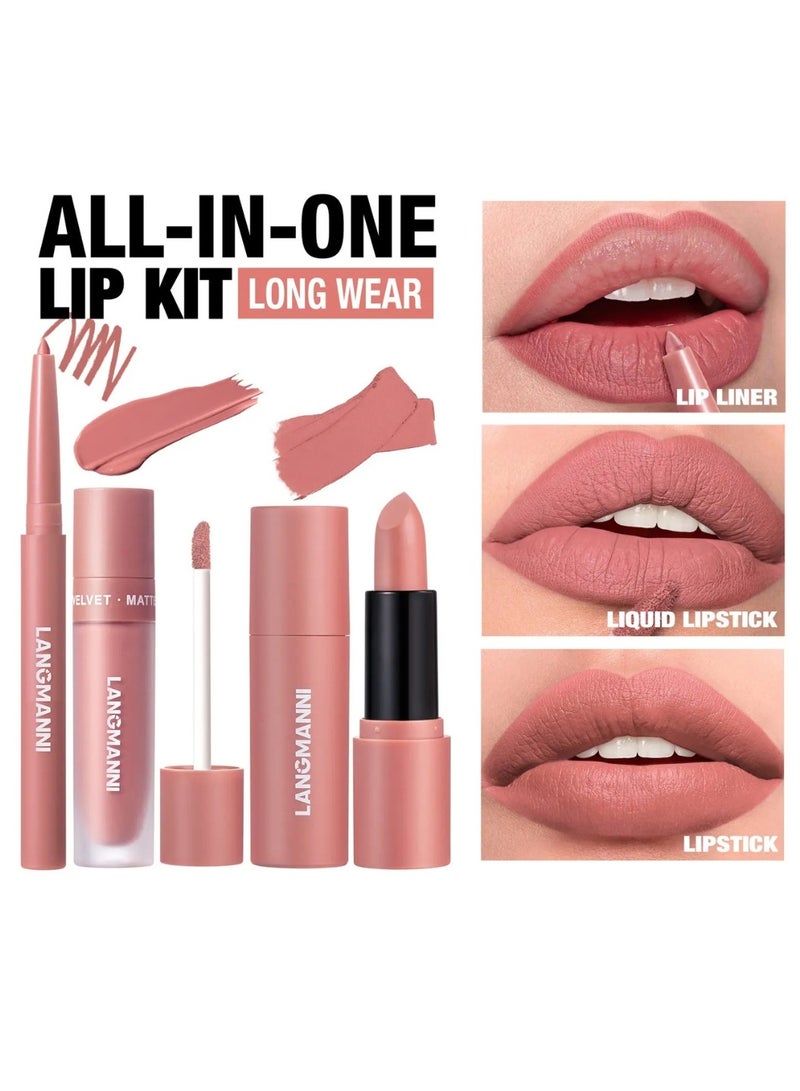 LANGMANNI 3 in 1 Matte Soft Lip Set Lip Liner Liquid Lip Gloss and Lipstick Combo Set Soft Smooth Natural Lip Contour Set Waterproof and Long Lasting Effect All in One Lip Makeup Gift Set 01 - Image 3