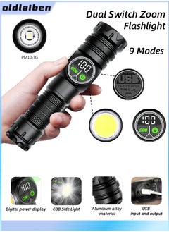 oldlaiben PM10TG Strong Light Flashlight,Power Handheld Flashlight,High Power Spotlight Long Range Led Flashlight,9 Modes With Side Cob Light,Digital Displaytype-C Charging,Zoomable Aluminum Alloy Torch Lantern,Waterproof,For Outdoor, Home, Camping  - Image 1