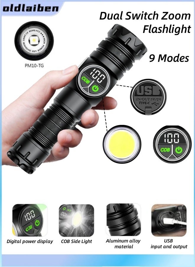 oldlaiben PM10TG Strong Light Flashlight,Power Handheld Flashlight,High Power Spotlight Long Range Led Flashlight,9 Modes With Side Cob Light,Digital Displaytype-C Charging,Zoomable Aluminum Alloy Torch Lantern,Waterproof,For Outdoor, Home, Camping - Image 1