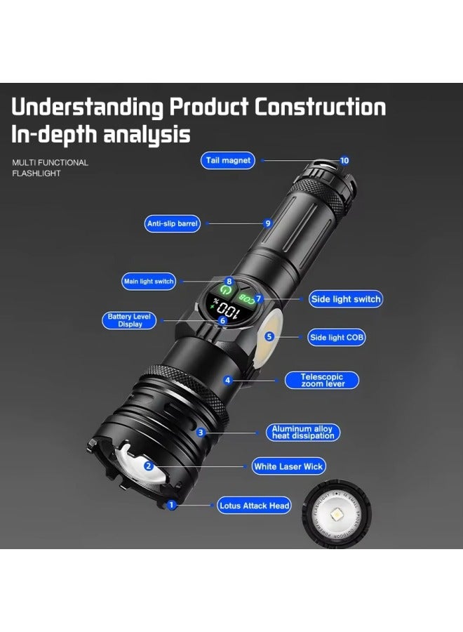 oldlaiben PM10TG Strong Light Flashlight,Power Handheld Flashlight,High Power Spotlight Long Range Led Flashlight,9 Modes With Side Cob Light,Digital Displaytype-C Charging,Zoomable Aluminum Alloy Torch Lantern,Waterproof,For Outdoor, Home, Camping - Image 4