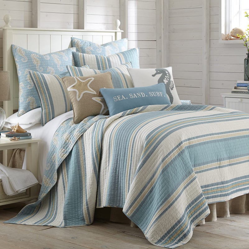Levtex Home Levtex Home Blue Maui Quilt Set FullQueen Quilt  Two Standard Pillow Shams Striped Coastal Design in Light Blue Cream and Tan Quilt Size 88 x 92 Pillow Sham Size 26x 20 Reversible Cotton 