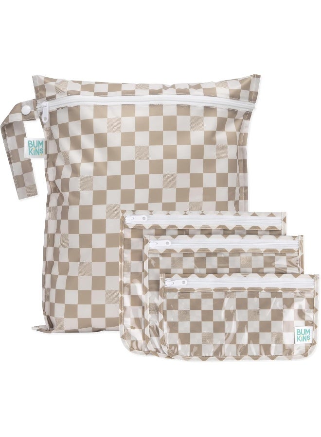 Bumkins - Waterproof Wet Bag & Clear Travel Bags - For Beach, Baby, Travel, Swim Suit, Cloth Diapers, Pump Parts, Pool, Gym, Toiletries - Reusable & Easy to Clean - Beige Check - 4 Pack - Image 1