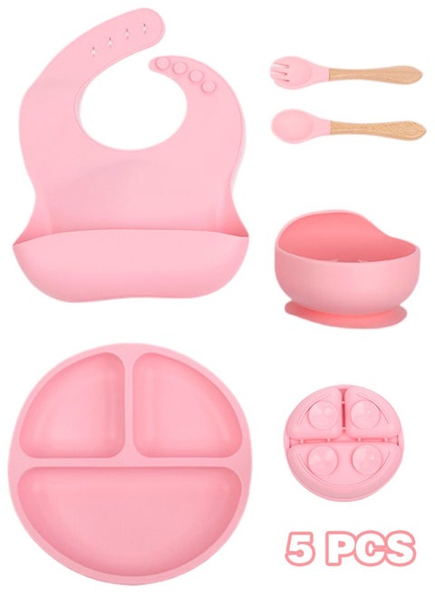 5-Pieces Silicone Baby Feeding Set, Baby Led Weaning Supplies with Suction Bowl and Divided Plate, Wooden Spoon and Fork, Toddler Tableware Set with Adjustable Soft Silicone Bib