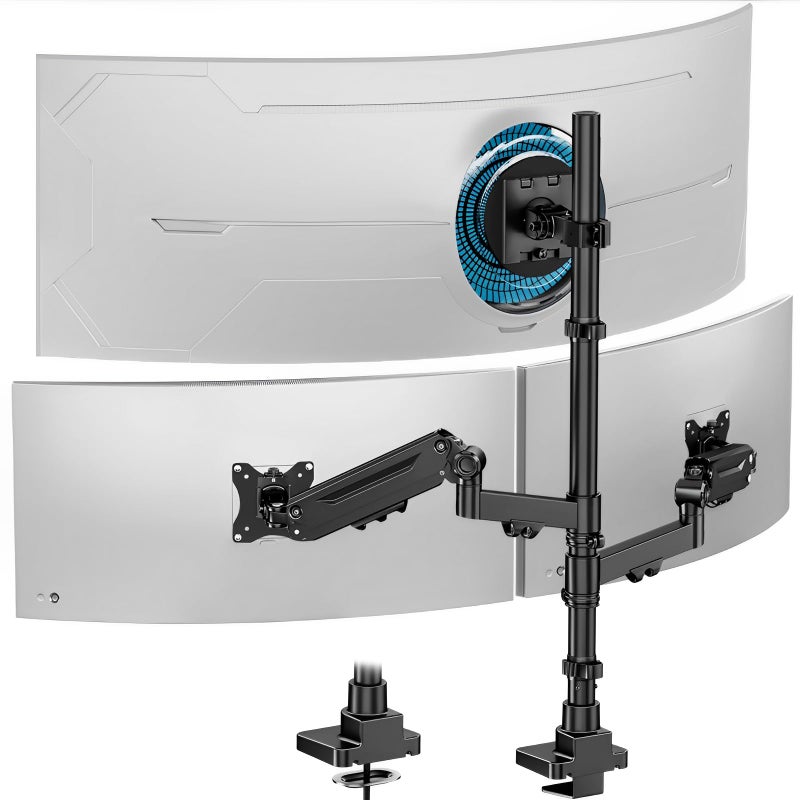 PUTORSEN Triple Monitor Mount up to 49 inches Fully Adjustable Heavy Duty 3 Monitor Arm with Gas Spring Desk Mount for 3 Screens CClamp Grommet Base Holds 44 lbs Black - Image 2