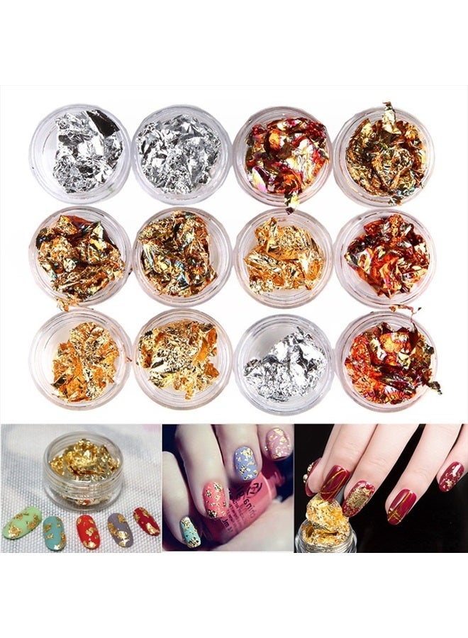 Minejin 12 Pot/Set Nail Art Gold Silver Paillette Flake Chip Foil DIY Glitter Decal Acrylic UV Gel Decoration - Image 1
