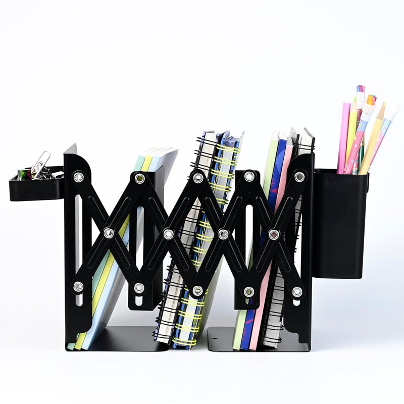 Articious Adjustable Bookend Organizer with Pen Holder | Expandable Desk Bookshelf for Office, Study, and Home | Book Rack Stand for Books, Files & Stationery (Extends Up to 17 Inches) (Black) - Image 2