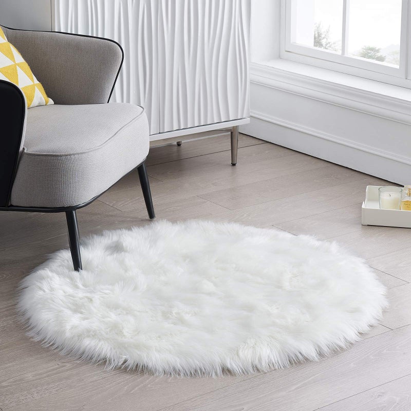 Round Fur Fluffy Area Rug for Bedroom White Faux Fur Rugs Furry Circle Rug for Kids Room Cute Furry Nursery Carpet Plush Shag Circular Rugs Floor Carpets for Teen Girl Room 3x3 Ft