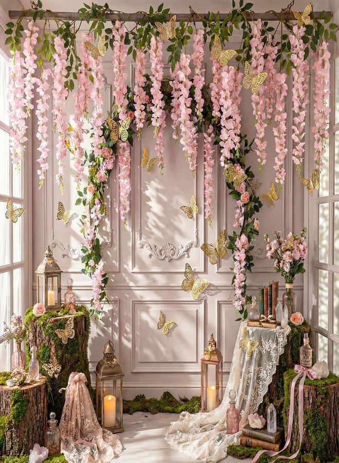Canlierr 52 Pcs Fairy Birthday Party Decorations Set 4pcs Total 23.6ft Wisteria Artificial Flowers Garland Banner 48pcs 3D Butterfly Hanging Decor for Garland Wedding Home Tea Girl Party(Pink) - Image 3