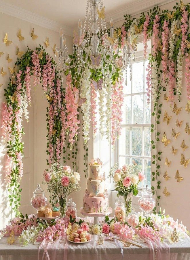 Canlierr 52 Pcs Fairy Birthday Party Decorations Set 4pcs Total 23.6ft Wisteria Artificial Flowers Garland Banner 48pcs 3D Butterfly Hanging Decor for Garland Wedding Home Tea Girl Party(Pink) - Image 5