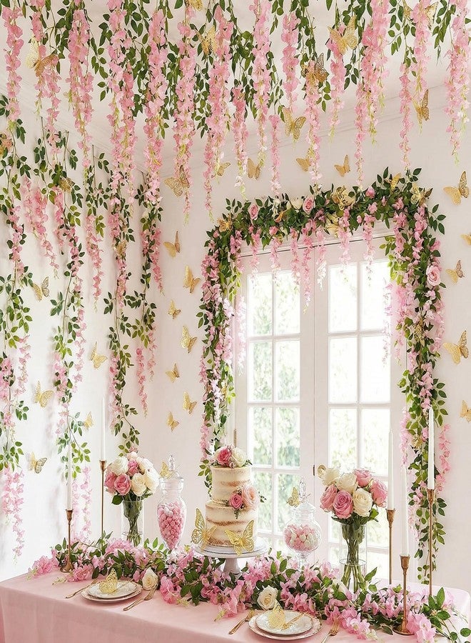 Canlierr 52 Pcs Fairy Birthday Party Decorations Set 4pcs Total 23.6ft Wisteria Artificial Flowers Garland Banner 48pcs 3D Butterfly Hanging Decor for Garland Wedding Home Tea Girl Party(Pink) - Image 1