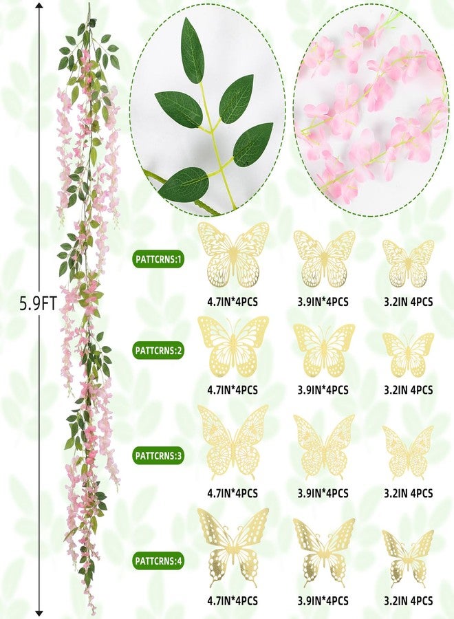 Canlierr 52 Pcs Fairy Birthday Party Decorations Set 4pcs Total 23.6ft Wisteria Artificial Flowers Garland Banner 48pcs 3D Butterfly Hanging Decor for Garland Wedding Home Tea Girl Party(Pink) - Image 2