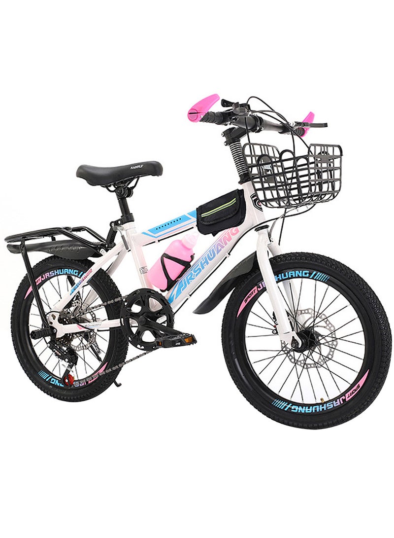Mountain Bike 18 Inch, 7 Speed Dual Disc Brake Bicycle with Passengers Rear Seat Adjustable Seat and Basket, Kids Road Bike for 6-18 Years Boys and Girls