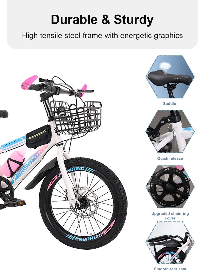 Mountain Bike 18 Inch, 7 Speed Dual Disc Brake Bicycle with Passengers Rear Seat Adjustable Seat and Basket, Kids Road Bike for 6-18 Years Boys and Girls