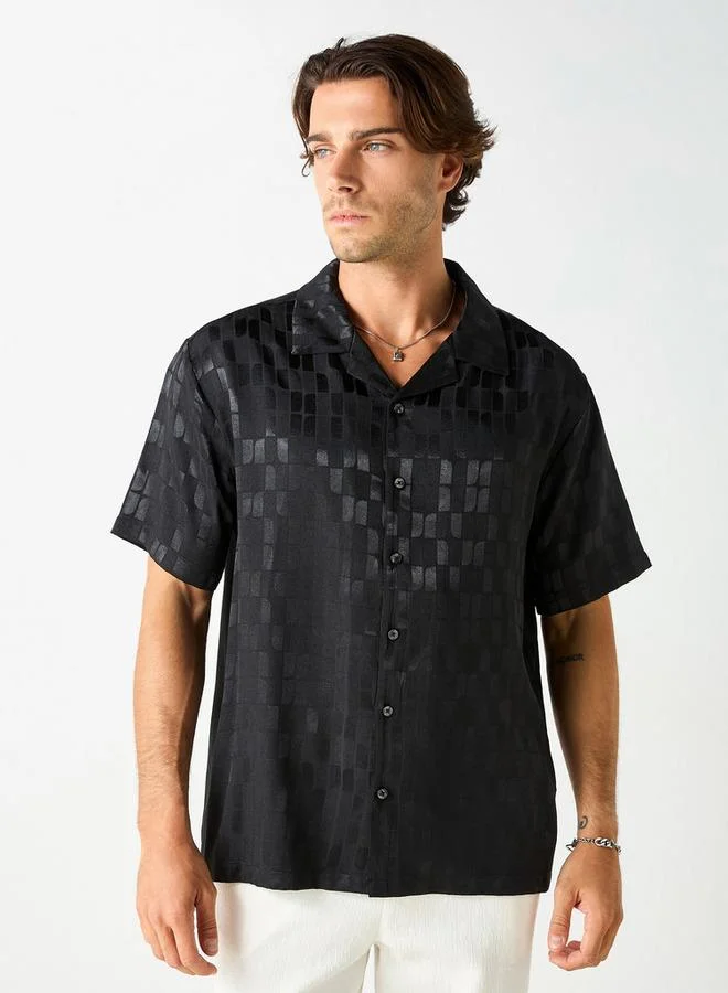 Iconic Iconic All-Over Textured Camp Collar Shirt with Short Sleeves