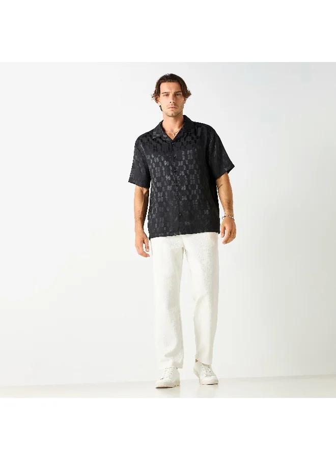 Iconic Iconic All-Over Textured Camp Collar Shirt with Short Sleeves