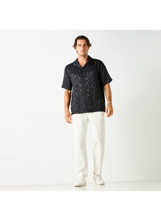 Iconic - Iconic All-Over Textured Camp Collar Shirt with Short Sleeves - Image 1