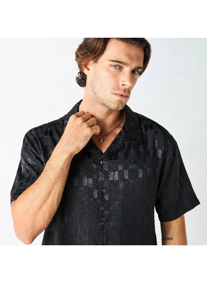 Iconic Iconic All-Over Textured Camp Collar Shirt with Short Sleeves