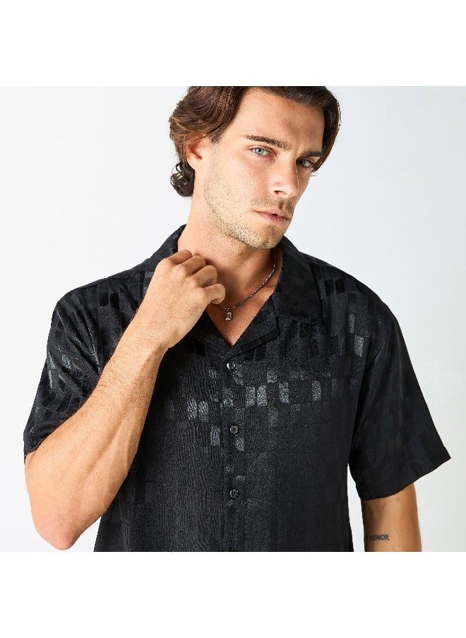 Iconic - Iconic All-Over Textured Camp Collar Shirt with Short Sleeves - Image 1