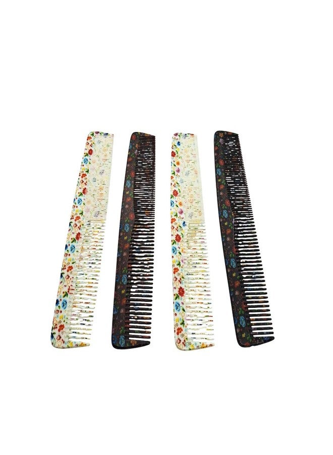 LooKat Floral Print Hair Combs, Wide Tooth Detangling, Pack of 4, Black and White - Image 1