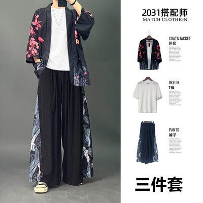 Mens Chinese Style Robe Set Fashion Trendy Hanfu Summer Tang Suit Traditional Costume Plum Blossom Black White T Black Pants