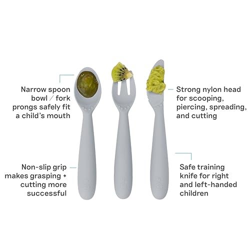 ezpz Happy Utensils Pewter 24 Months BPA Free Toddler Utensils Fork Spoon and Knife for Toddlers and Preschoolers Kids for SelfFeeding Development - Image 3