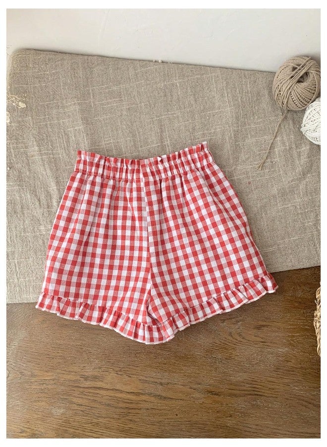 MakeMeChic Girl's Plaid Gingham Shorts Elastic Waist Ruffle Hem Summer Shorts Red 2-3Y - Image 2