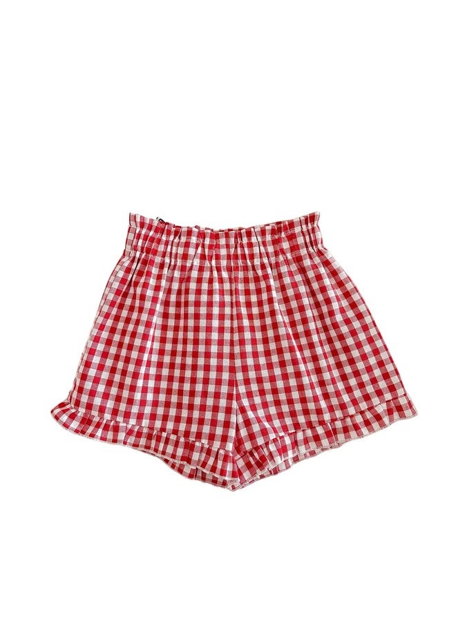 MakeMeChic Girl's Plaid Gingham Shorts Elastic Waist Ruffle Hem Summer Shorts Red 2-3Y - Image 1
