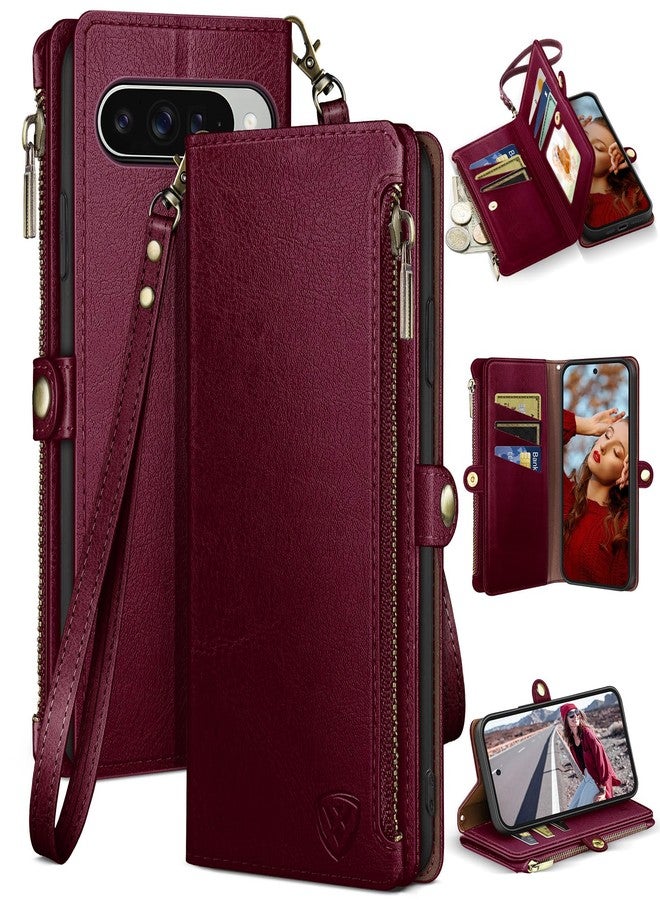 XcaseBar Compatible with Google Pixel 10/10 Pro 6.3" Wallet case with Zipper Credit Card Holder【RFID Blocking】,Flip Folio Book PU Phone case Shockproof Cover Women Men for Pixel 10 case Wine Red - Image 1