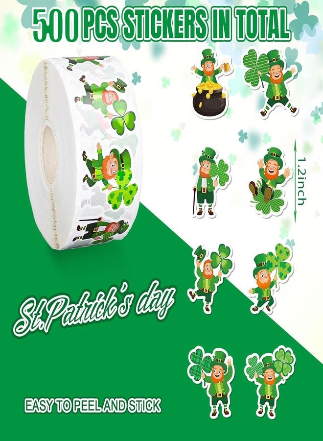 ASABITE St. Patrick's Day Sticker Roll 500Pcs 1.2Inch St. Patrick's Day Stickers for Kids Cute Funny Cartoon Leprechaun Shamrock Clover Self-Adhesive Decals for Scrapbook Irish Holiday Party Decor (8 Designs) - Image 2