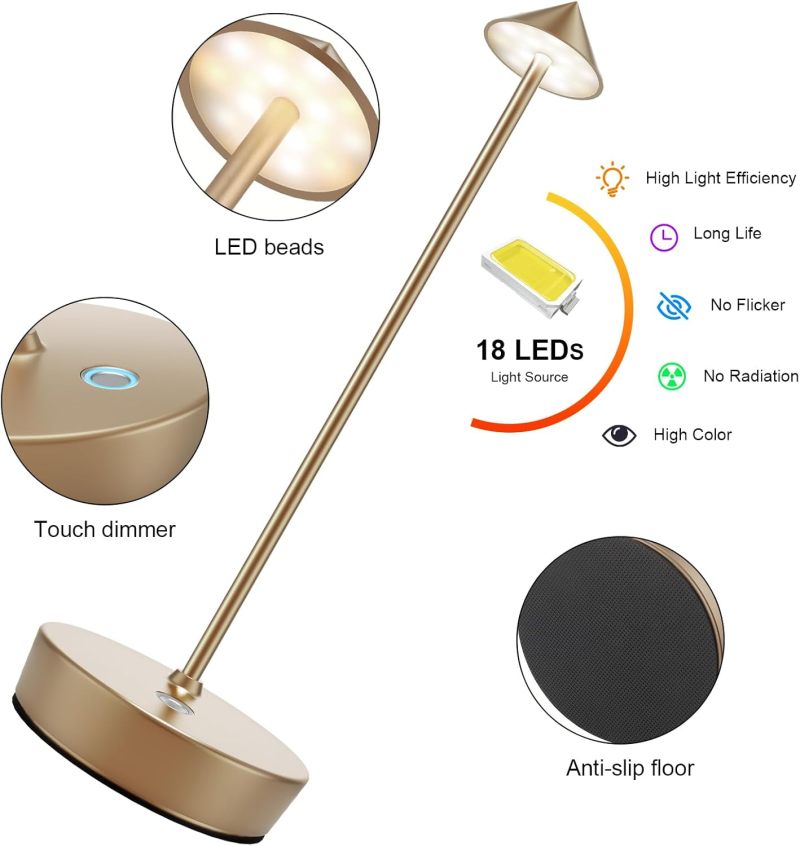 Cordless Table Lamp: Gold Touch Control, Stepless Dimming - Rechargeable LED Lamp for Indoor Outdoor Use, Bedside, Camping, Desk - Image 4