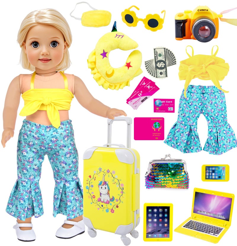 ebuddy 25 Piece Yellow 18 Inch Doll Play Set, Doll Clothes and Accessories Including Luggage, Camera, Computer Glasses, Pillows, Etc (No Doll) - Image 1